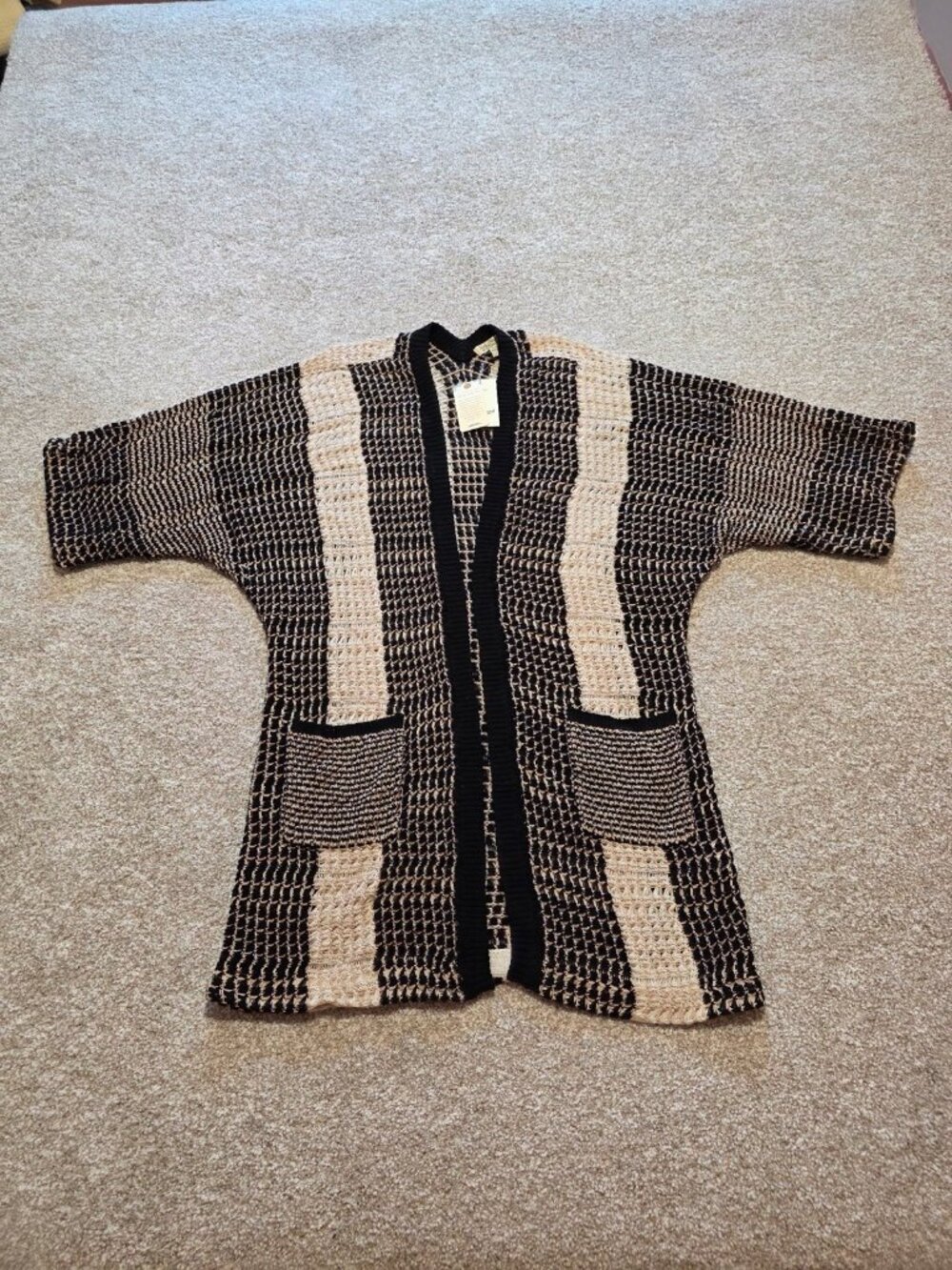 Lucky Brand Long Open Front Cardigan Boho Knit Black Tan Striped Sweater Size M